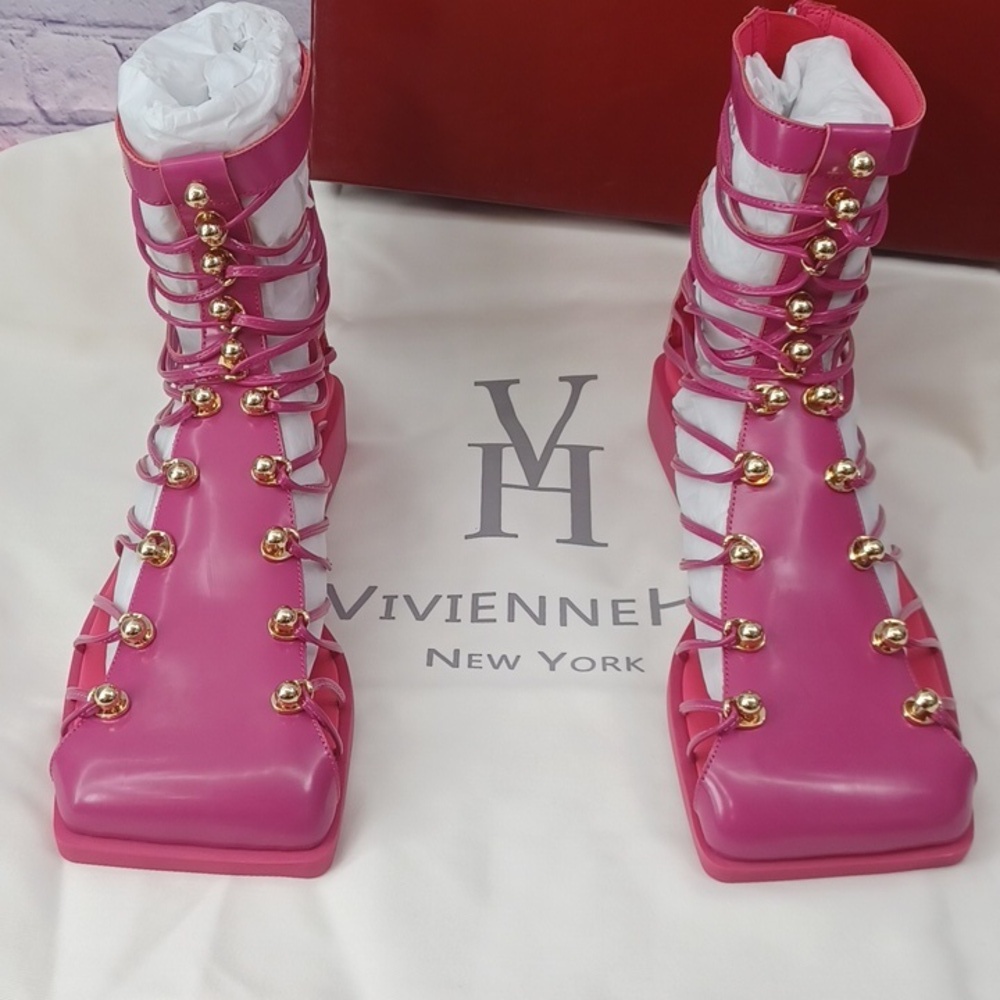 Vivienne Hu VHNY Leather Cage Sandals Fuchsia NIB